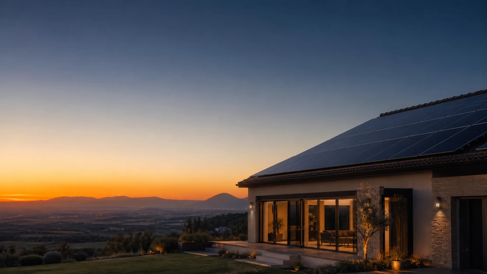 Maison avec panneaux solaires au coucher du soleil