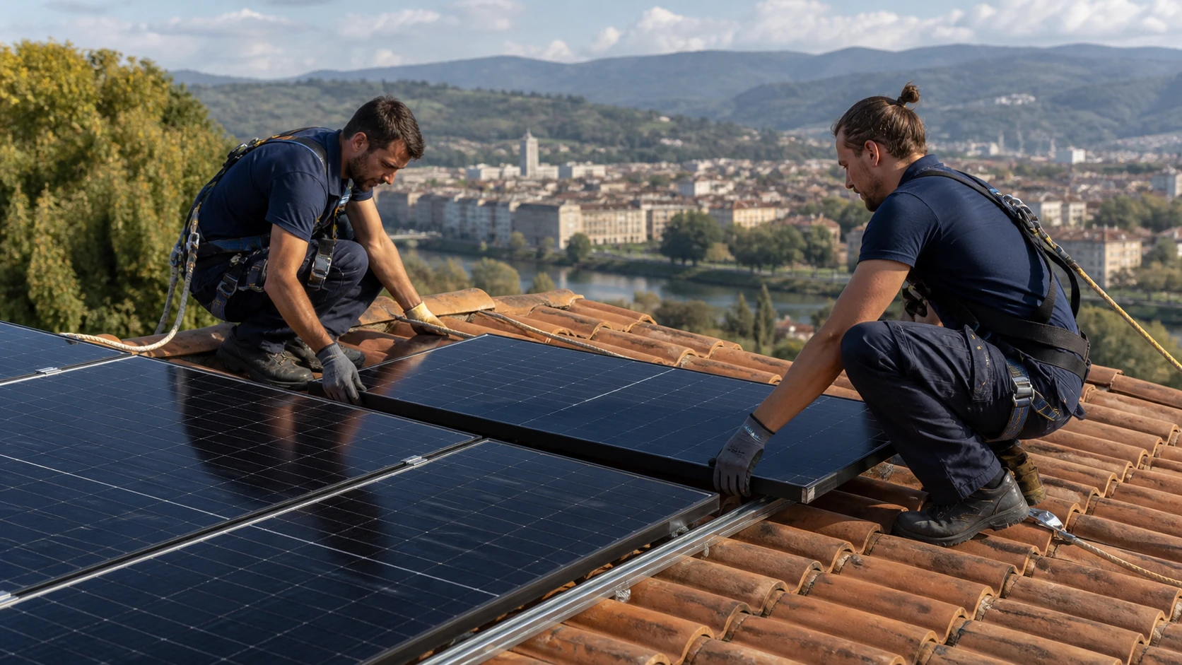 Installateur attaché posant un module photovoltaïque sur une toiture en tuiles
